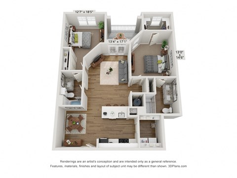 Floor plan for 2 beds, 2 baths, 1147 sqft